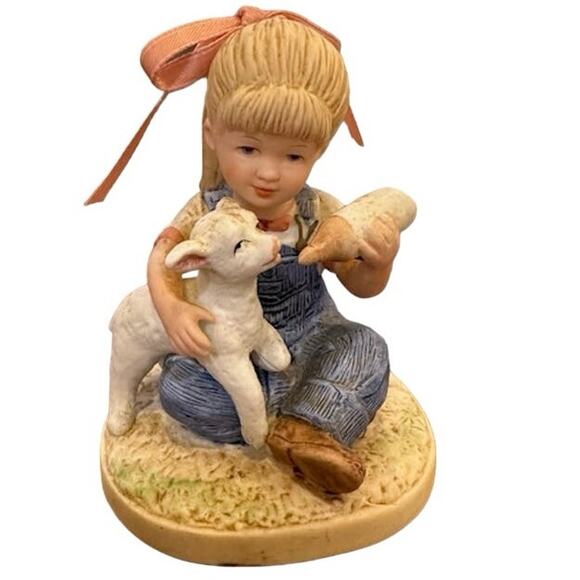 Denim Days By Homco 1985 Porcelain Figurine Girl Bottle Feeding White Lamb - Picture 1 of 5
